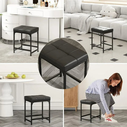 Cheelom 2 Pack Vanity Stool Chair, Makeup Stool, 18 Inch Ottoman Footrest with Cushion, Faux Leather Vanity Stool Black