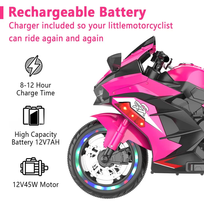 HNH 12V Ride on Motorcycle for Kids, Battery Powered 3 Wheels Motorcycle Toy with Bluetooth, Music, Light
