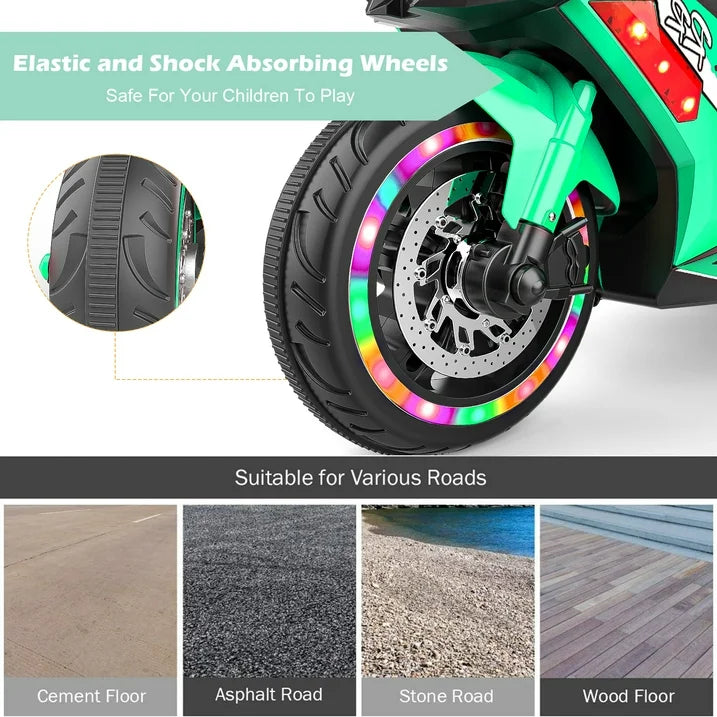 HNH Child Motorcycle for Boys Girls, Kids Ride on Toys 12V Electric Motorcycle for Kids with 3 Wheels, 110lbs Ride On Motorcycle w/Training Wheels, LED Lights, Music