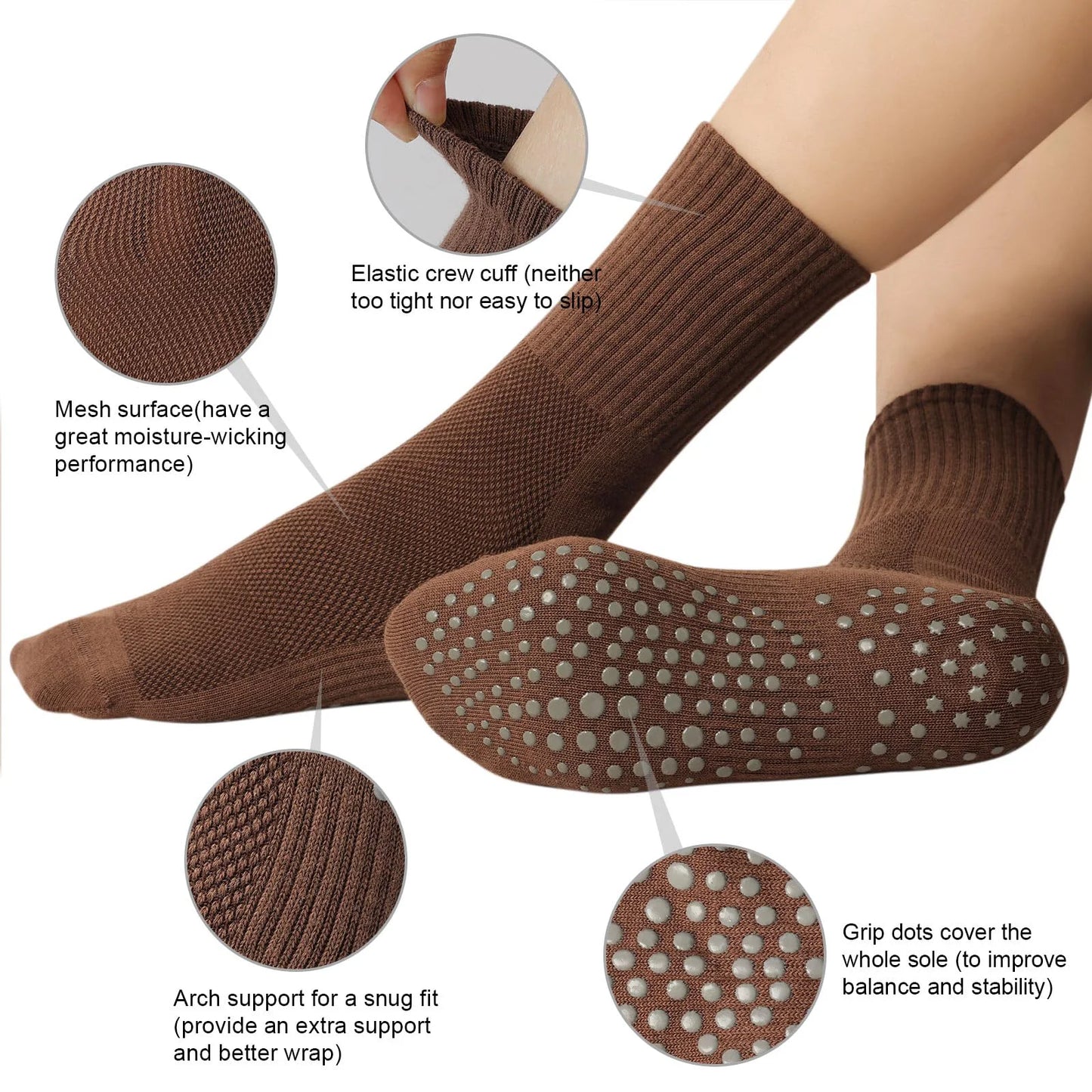 YOMYM Pilates Socks for Women with Non Slip Grippers,Yoga Crew Socks for Barre Hospital Sticky Slipper Socks 4 Pairs