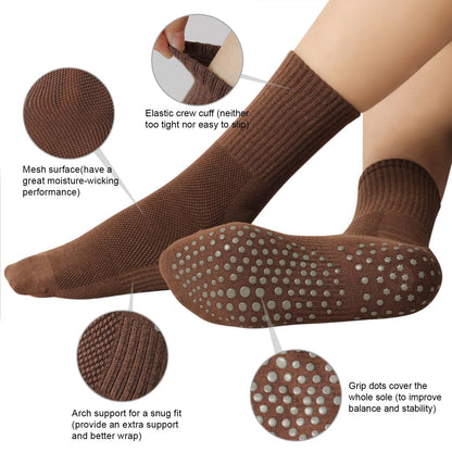 YOMYM Pilates Socks for Women with Non Slip Grippers,Yoga Crew Socks for Barre Hospital Sticky Slipper Socks 4 Pairs