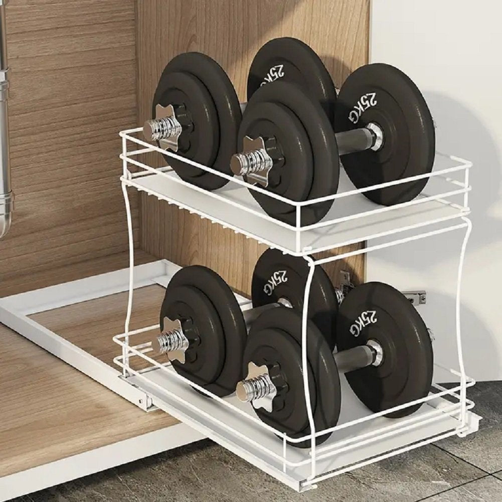 TECHVIDA Sink Organizer Storage, 2 Tier L-Shape Multi-Purpose Large Capacity Kitchen Under Sink Organizers Rack for Narrow Space Easy Access Sliding Storage Drawer with Hooks for Bathroom