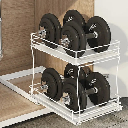 TECHVIDA Sink Organizer Storage, 2 Tier L-Shape Multi-Purpose Large Capacity Kitchen Under Sink Organizers Rack for Narrow Space Easy Access Sliding Storage Drawer with Hooks for Bathroom