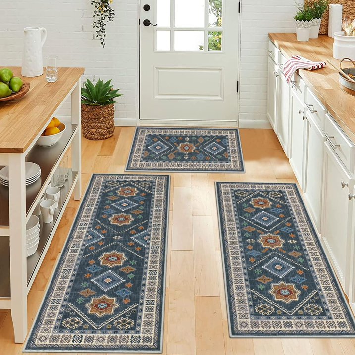 TECHVIDA Boho Kitchen Rug Sets 3 Piece with Runner Non Slip Kitchen Rugs and Mats Washable Kitchen Mats for Floor Thick Kitchen Floor Mat Carpet Runner Rugs for Hallway Laundry Holiday Decor