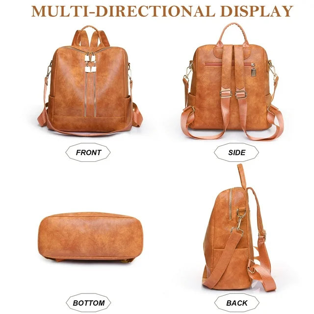 BATE Women's Backpack, Large Capacity Backpack,Leather Handbags and Shoulder Bag Travel Bags,Brown