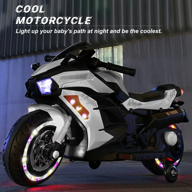 12V Motorcycle for Girls Boys, Ride on Motorcycle with Light Wheel and PU Seat, Kids Electric Motorcycle for Children-White