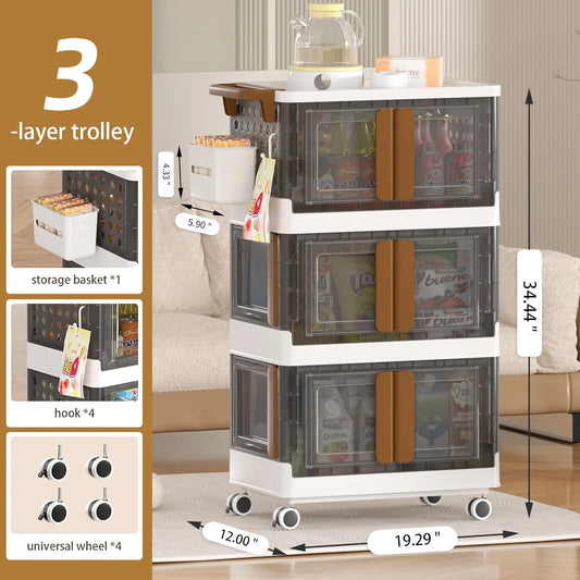 WERSEON Collapsible Storage Bins w/ Lids,3 Tier Plastic Storage Box w/ Doors & Lockable Wheels, 4 Directions Opening Storage Cart on Wheels w/ Handle & 4 Hooks, Large Utility Cart for Kitchen Bathroom