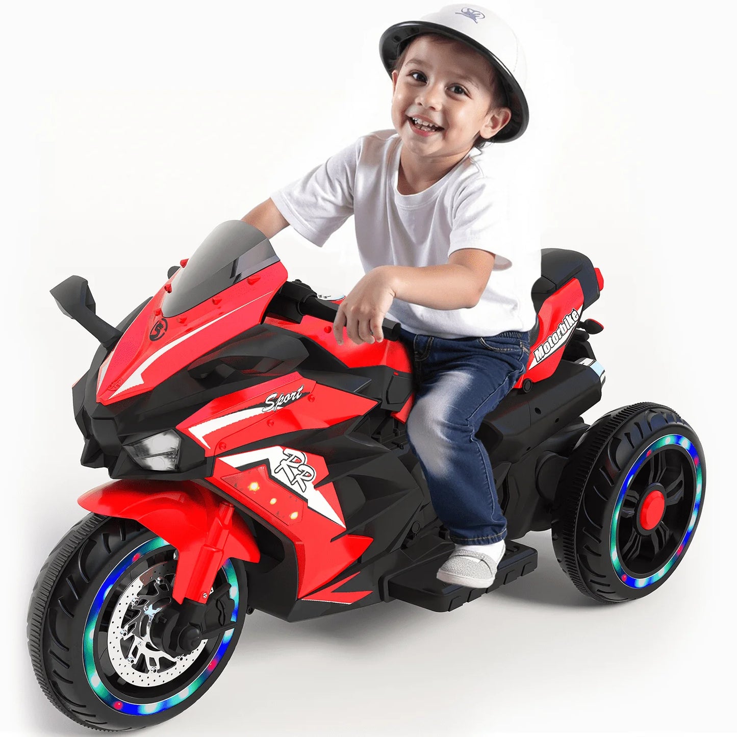 HNH 12V Kids Motorcycle, Electric Dirt Bike, 3 Wheel Powered Ride ons Toys with LED Lights, Bluetooth Music