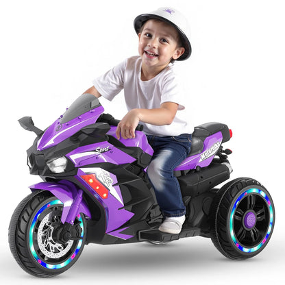 HNH Electric Motorcycle for Kids, 12V Battery Powered Ride on Toys, 3 Wheels Motorcycle with LED Lights, Bluetooth Music，Violet