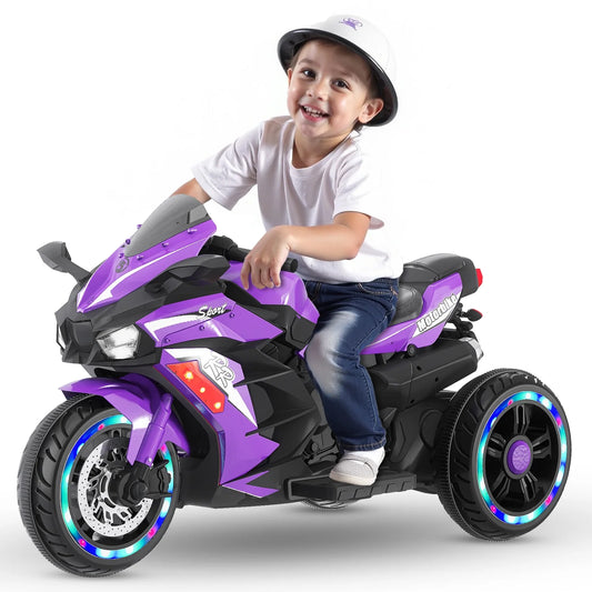 HNH Electric Motorcycle for Kids, 12V Battery Powered Ride on Toys, 3 Wheels Motorcycle with LED Lights, Bluetooth Music，Violet
