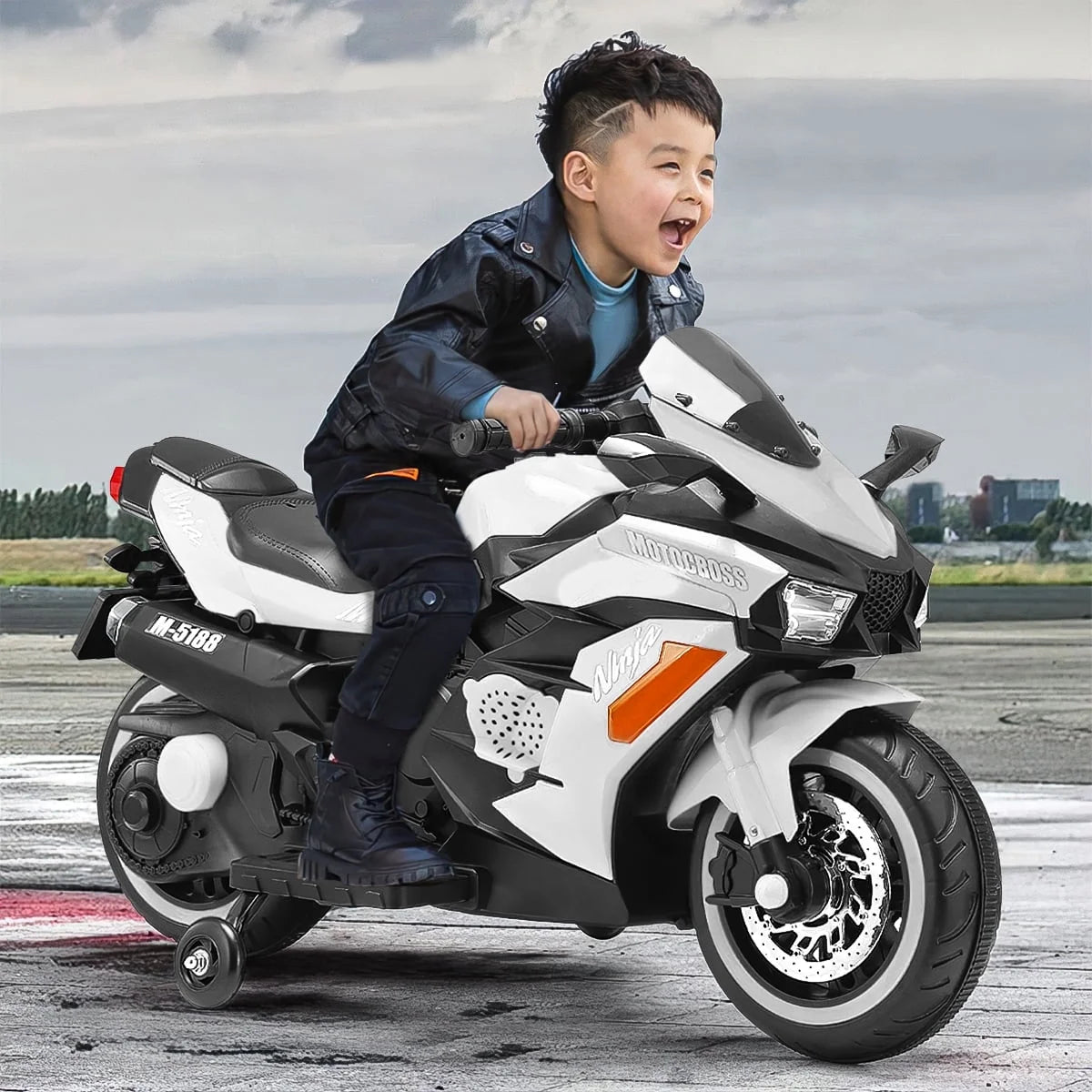 12V Motorcycle for Girls Boys, Ride on Motorcycle with Light Wheel and PU Seat, Kids Electric Motorcycle for Children-White