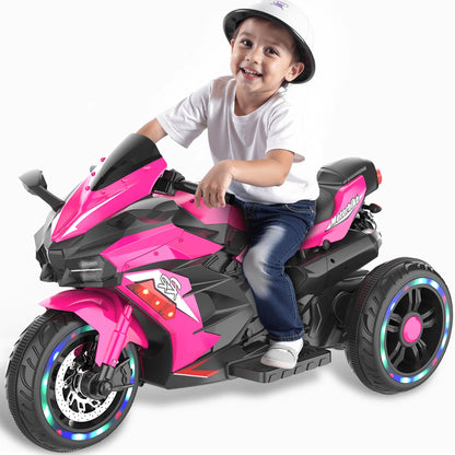 HNH 12V Ride on Motorcycle for Kids, Battery Powered 3 Wheels Motorcycle Toy with Bluetooth, Music, Light