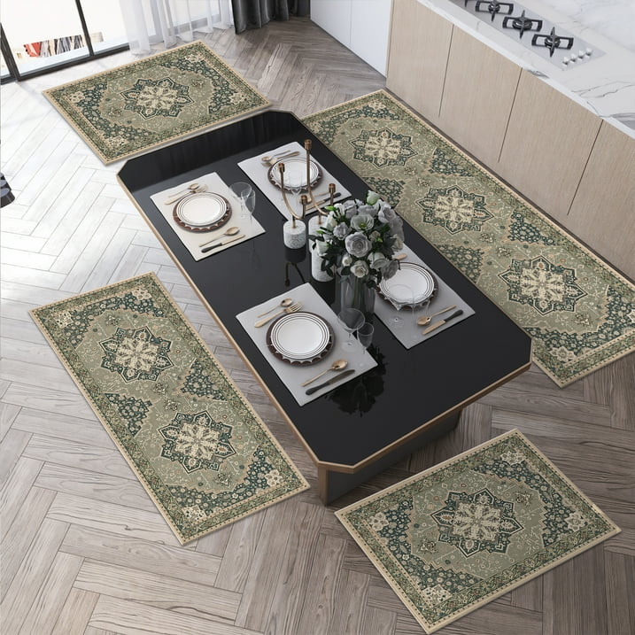 TECHVIDA Kitchen Rugs 4 Piece Set,Non Slip Machine Washable Kitchen Mats,Boho Vintage Abstract Kitchen Carpet for Farmhouse Living Room Hallway