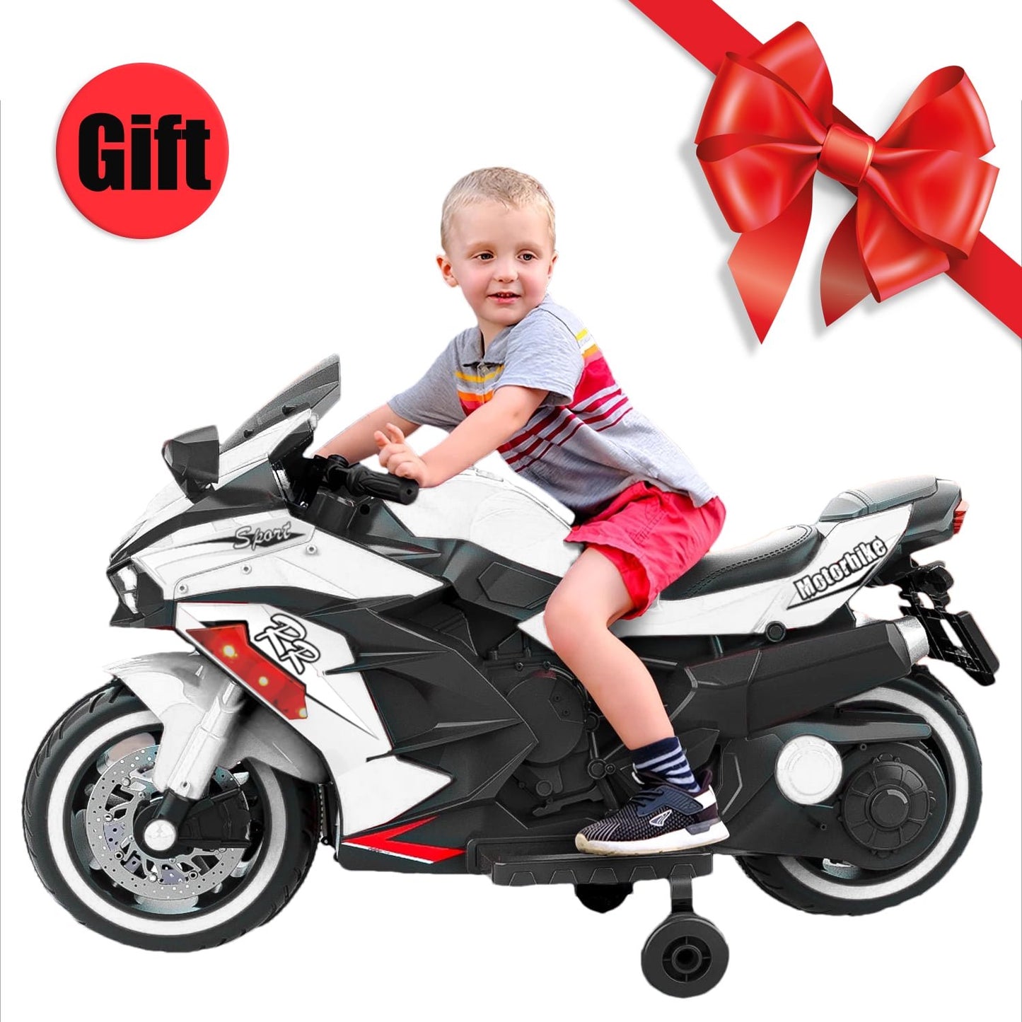 12v Motorcycle for Children, Ride on Motorcycle with Light Wheel and PU Seat, Electric Motorcycle for Kid, White