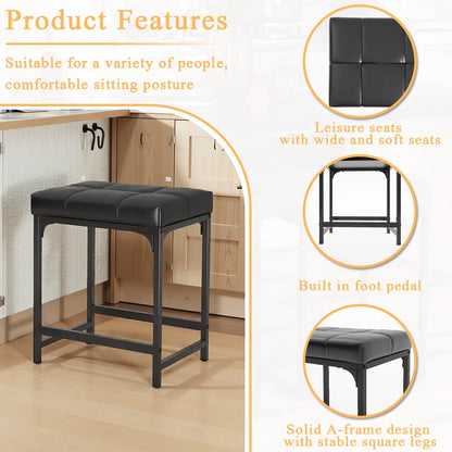 Counter Height Bar Stools Set of 2, 18" Barstools for Kitchen Countertop, PU Leather Counter Stools with Square Seats & Sturdy Metal Base