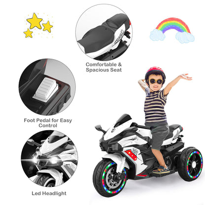 CMGB Battery Powered Electric Vehicle for Kids, 12V Kids Motorcycle with 3 Wheels, LED Lights, White
