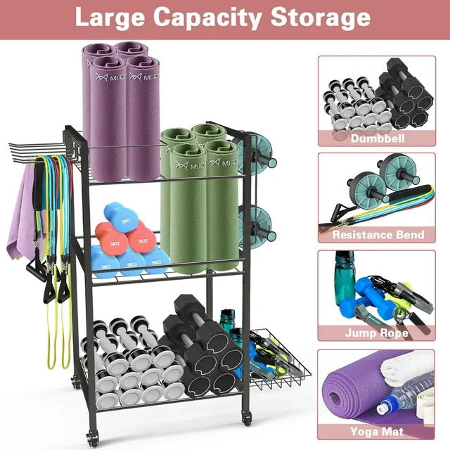 Techvida Yoga Mat Storage, Gym Equipment Storage, Cart for Organizing Workout Room, Home Gym Storage with Hooks and Wheels