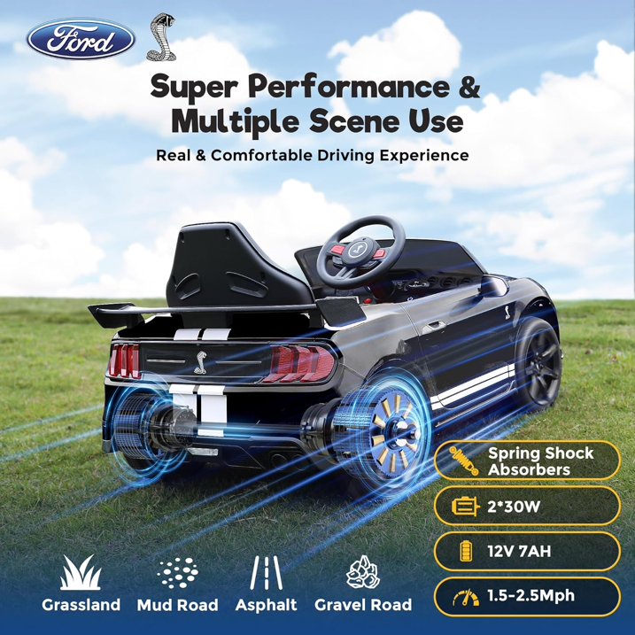 Ride on Toy Cars for Kids,12V Ford Mustang Shelby Powered Ride on Truck Car with Remote Control,Electric Vehicle Car for kids Girl Boy 3-6 w/Music,Bluetooth,LED Lights,3 Speeds,4 Wheelers,Black