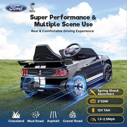 Ride on Toy Cars for Kids,12V Ford Mustang Shelby Powered Ride on Truck Car with Remote Control,Electric Vehicle Car for kids Girl Boy 3-6 w/Music,Bluetooth,LED Lights,3 Speeds,4 Wheelers,Black