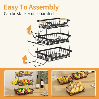 WERSEON 3 Tier Countertop Fruit Basket, Fruit Bowls with 2 Hangers for Kitchen, Detachable Metal Organizer Basket for Bread Vegetable Fruits with Wooden Handle