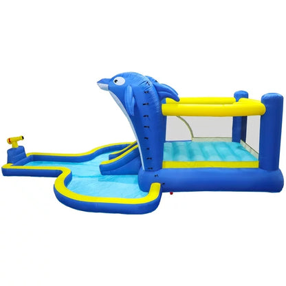 HNH 6 in1 Inflatable Water Slide Kids Bounce House With Blower Dolphin Sprinkler