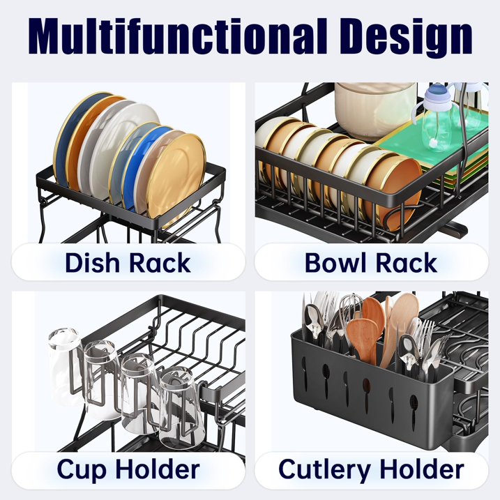 Dish Drying Rack, 2-Tier Kitchen Dish Racks with Drainboard, Dish Drainer Set for Kitchen Counter with Utensil Holder, Black