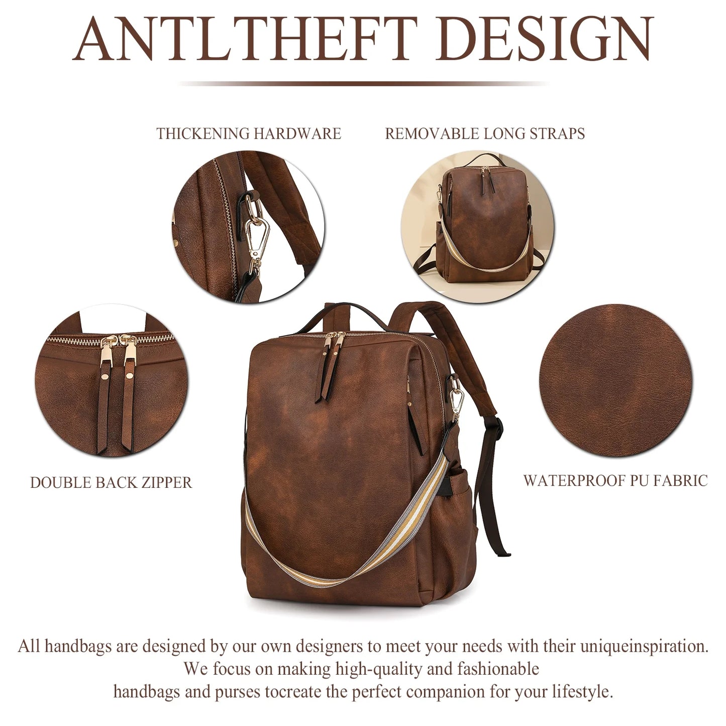 HONGLONG Women's Backpack Purse, PU Leather Laptop Backpack with 15.6 Inch Laptop Compartment, College Work Computer Bag