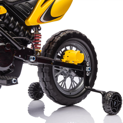 Motorcycle for Kids, 12V Electric Ride On Dirt Bike, 3.73 Mph Top Speed, Headlights, Training Wheels, Realistic Sounds, Music, Battery Charger-Yellow