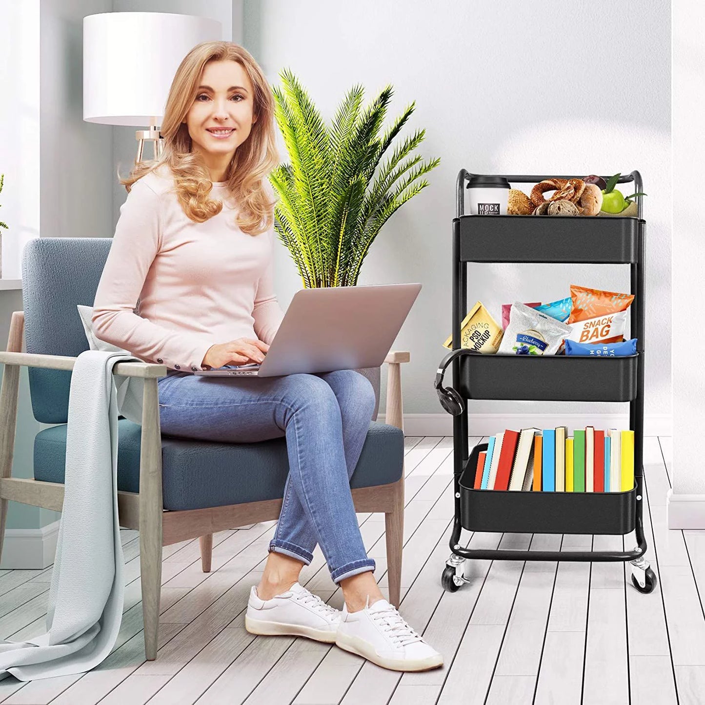 Werseon Rolling Carts with Wheels Organizer Kitchen Organizer Cart Rolling Cart with Handle, Kitchen Storage Cabinet with Baskets and Wheels