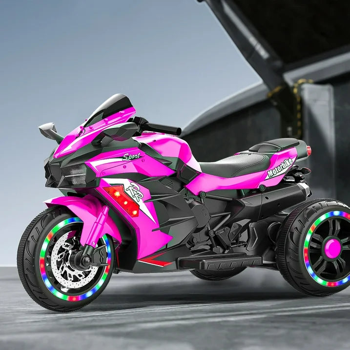 HNH Pink Motorcycle for Girls, 12V Battery Powered Motorbike Ride on Toy for Kids 3-8, Electric Dirt Bike with 3 Wheels, LED Light, Bluetooth Music