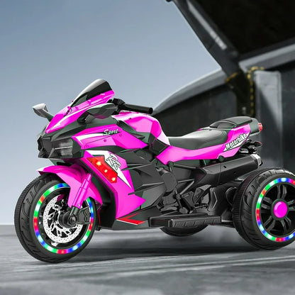HNH Pink Motorcycle for Girls, 12V Battery Powered Motorbike Ride on Toy for Kids 3-8, Electric Dirt Bike with 3 Wheels, LED Light, Bluetooth Music