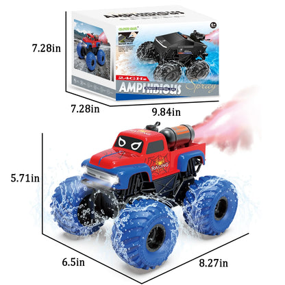 ZOGYMOZ Amphibious Remote Control Car, 1:16 All Terrain Off-Road Waterproof Monster Truck with Spray and LED Lights, 2 Rechargable Batteries, Kids Toys for Boys