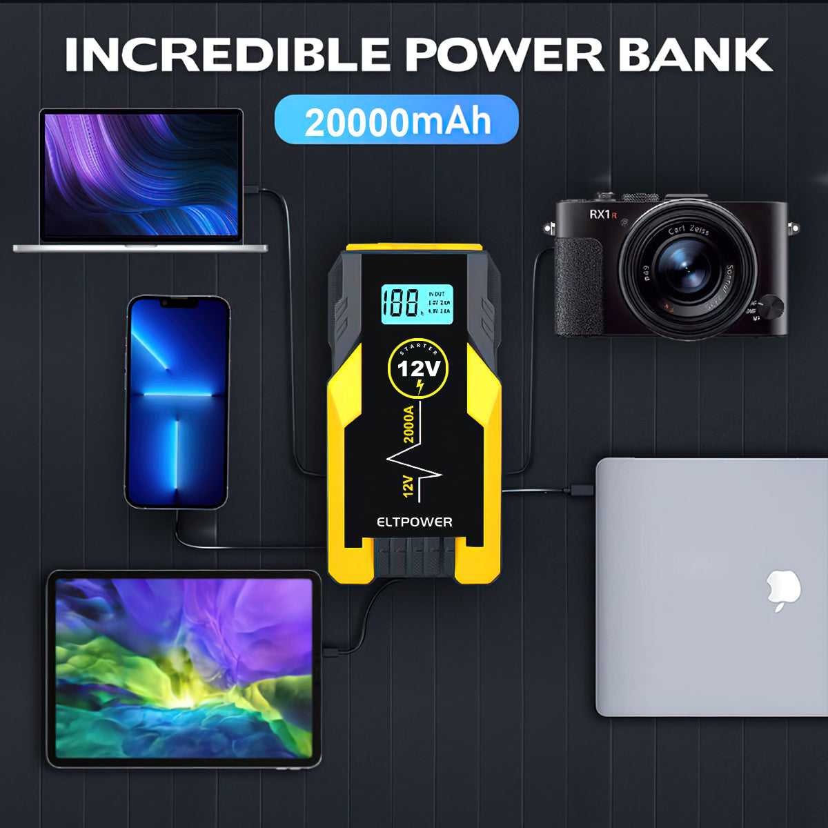 ELTPOWER 2000A Car Jump Starter,Portable Jumpstart Starters,20000mAh 12V Battery Jump Starter, (up to 8.0L Gas),Battery Booster Power Pack, Auto Jump Box with LED Light