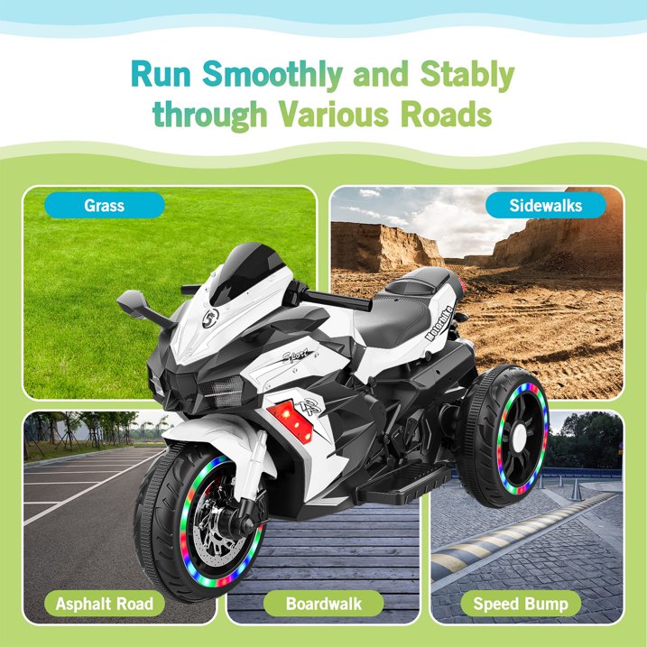 Cheelom Battery Powered Electric Vehicle for Kids, 12V Kids Motorcycle with 3 Wheels, LED Lights, White