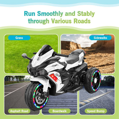 Cheelom Battery Powered Electric Vehicle for Kids, 12V Kids Motorcycle with 3 Wheels, LED Lights, White