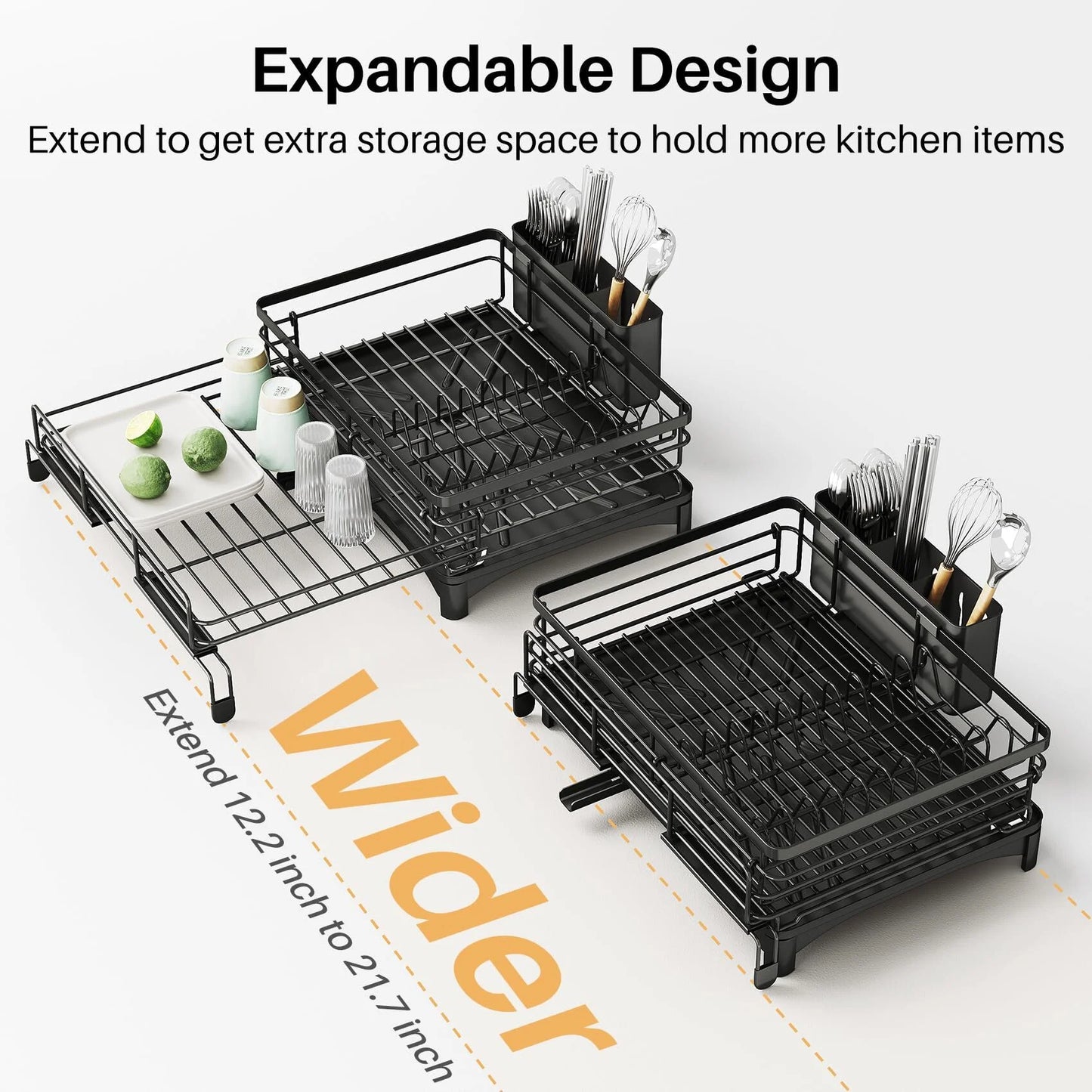 Werseon Expandable Dish Drying Rack, Large Dish Rack for Kitchen Counter, Stainless Steel Dish Drainer with Drainboard, Rustproof Over Sink Drying Rack with Utensil Holder, Black