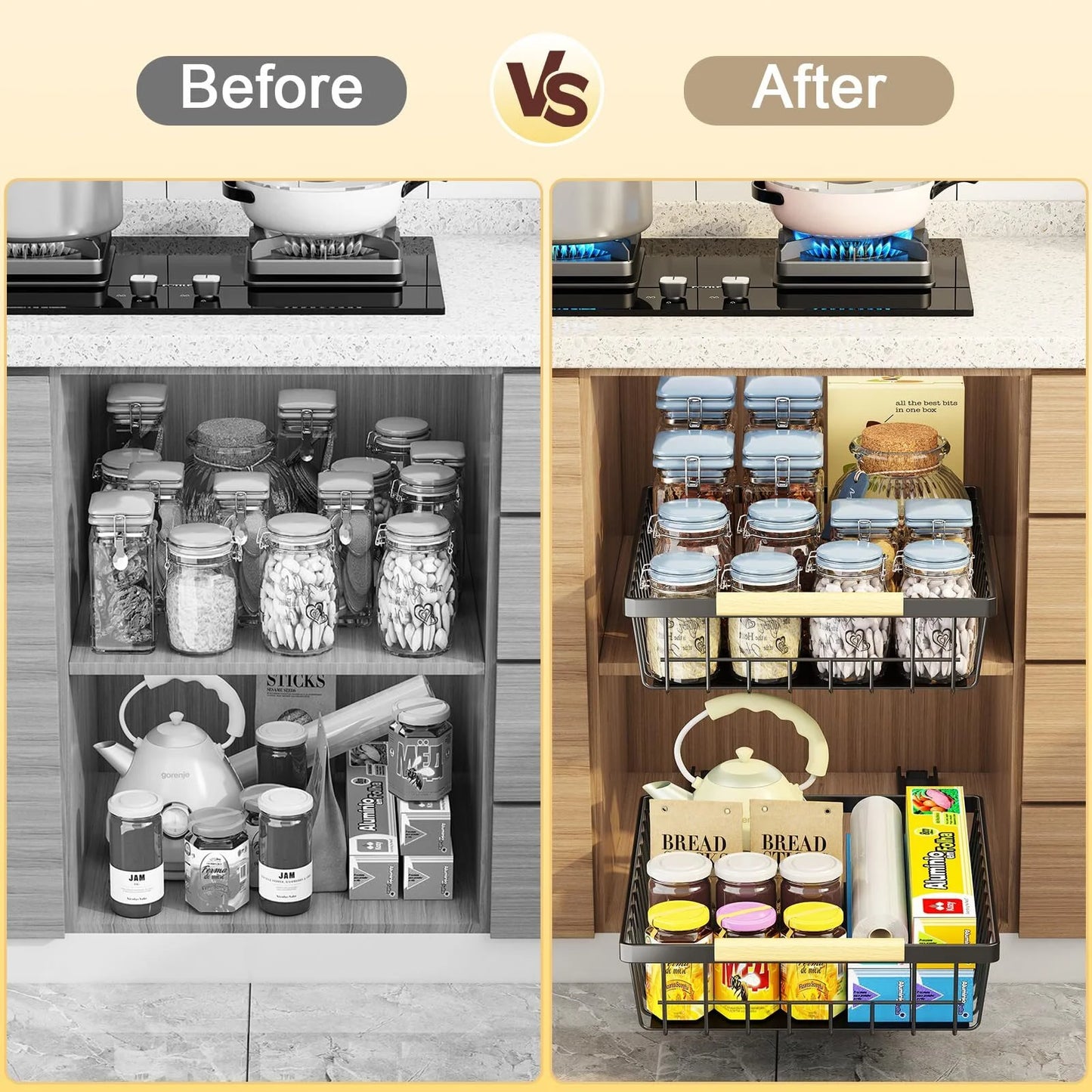 Werseon 2 Pack Pull Out Cabinet Organizer, Metal Slide Out Drawers for Cabinets, Sliding Drawers Adhesive Nano Film Roll out Shelf for Kitchen Pantry Bedroom