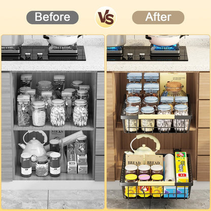 Werseon 2 Pack Pull Out Cabinet Organizer, Metal Slide Out Drawers for Cabinets, Sliding Drawers Adhesive Nano Film Roll out Shelf for Kitchen Pantry Bedroom