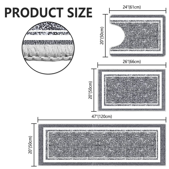 TECHVIDA Bathroom Rugs 3pcs Set,Non-Slip Ultra Soft Bath Rugs,Machine Washable,Water Absorbent,Light Gray
