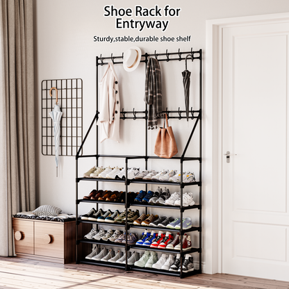 TECHVIDA Shoe Rack,Shoe Organizer 5-Tier,Coat Rack with Shoe Storage Coat Rack,16 Hooks,50 Pairs Shoe Shelf for Entryway,Black