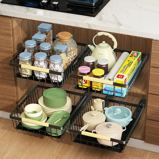 Cheelom 2 Pack Pull Out Cabinet Organizer, Metal Slide Out Drawers for Cabinets, Sliding Drawers Adhesive Nano Film Roll out Shelf for Kitchen