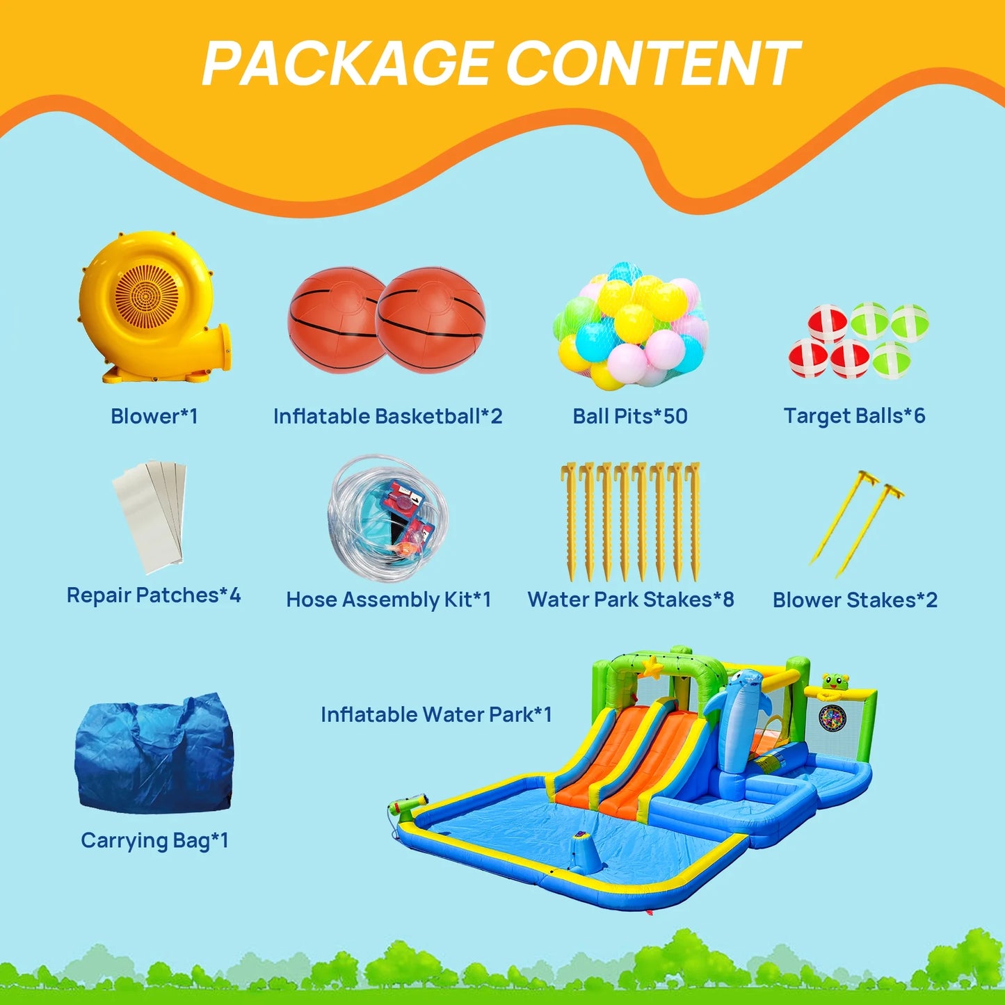 HNH Inflatable Water Park Double Slide Bouncy House with Splash Pool, Water Gun, Basketball, Climbing Wall, Dual Pools for Outdoor Party, Ages 3-12