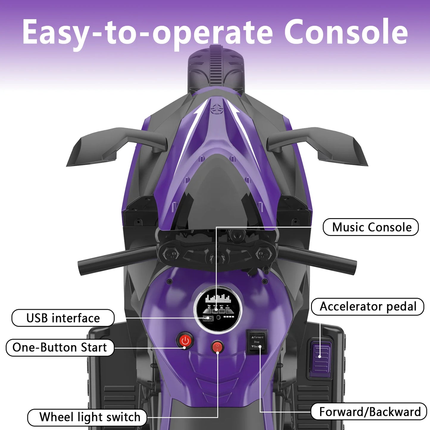 HNH 12V Electric Motorcycle for Kids, Powered Ride on Toys, 3 Wheels Motorcycle with LED Lights, Bluetooth Music, Violet