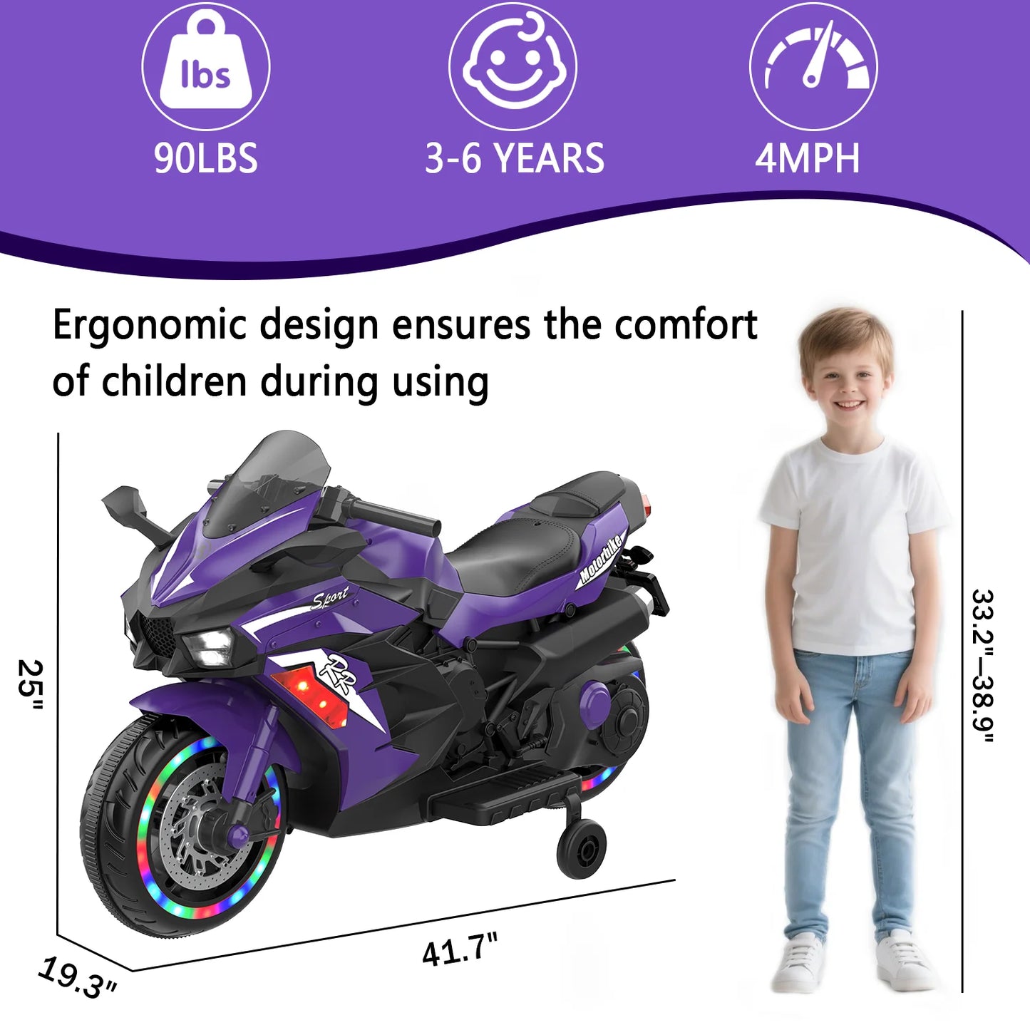 HNH 12V Ride on Toys, Kids Ride on Motorcycle, Electric Motorcycle with Training Wheels, Violet