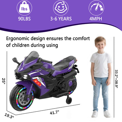 HNH 12V Ride on Toys, Kids Ride on Motorcycle, Electric Motorcycle with Training Wheels, Violet