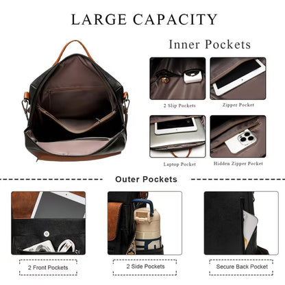 HONGLONG PU Leather Backpack Purse for Women Large Fashion Designer Travel Backpack Ladies Shoulder Bag - Black