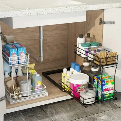 TECHVIDA Sink Organizer Storage, 2 Tier L-Shape Multi-Purpose Large Capacity Kitchen Under Sink Organizers Rack for Narrow Space Easy Access Sliding Storage Drawer with Hooks for Bathroom