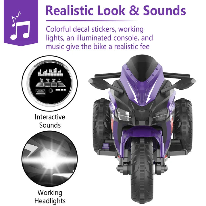HNH 12V Electric Motorcycle for Kids, Powered Ride on Toys, 3 Wheels Motorcycle with LED Lights, Bluetooth Music, Violet