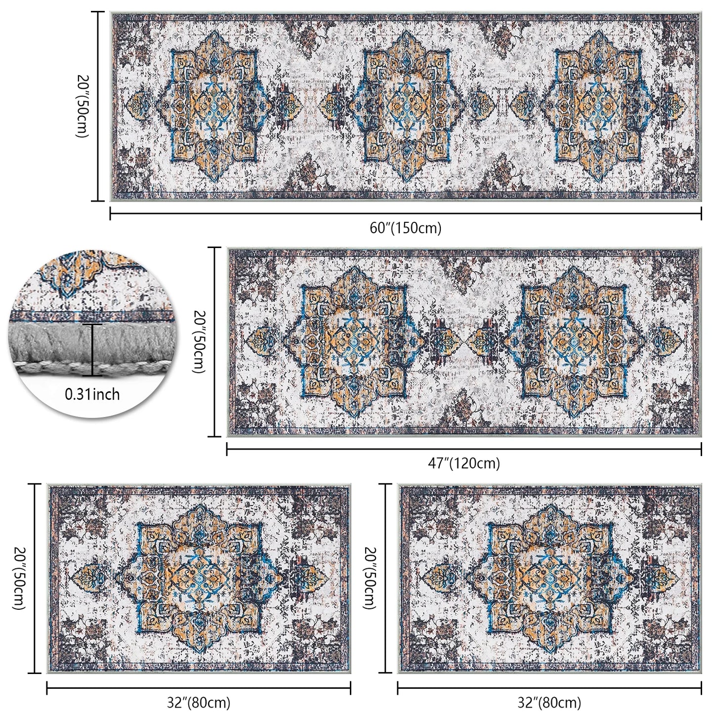 TECHVIDA Kitchen Rugs 4 Piece Set,Non Slip Machine Washable Kitchen Mats,Boho Vintage Abstract Kitchen Carpet for Farmhouse Living Room Hallway