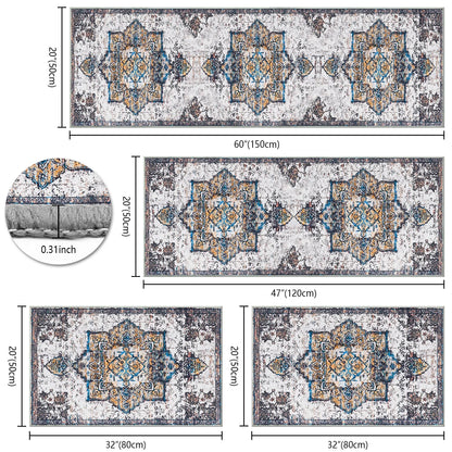 TECHVIDA Kitchen Rugs 4 Piece Set,Non Slip Machine Washable Kitchen Mats,Boho Vintage Abstract Kitchen Carpet for Farmhouse Living Room Hallway